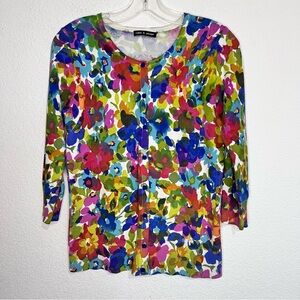 Cable & Gauge Multi Color Floral Crew Neck Cardigan Medium